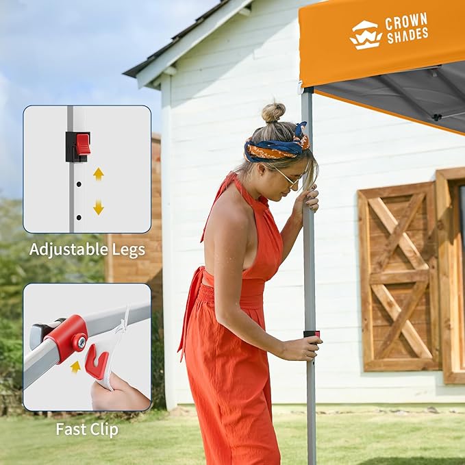 CROWN SHADES 10x10 Pop Up Canopy with 1 Side Wall - Beach Tent with One Push Setup - Outdoor Sun Shade for Events Parties Camping - Gazebo with STO-N-Go Cover Bag (Orange)