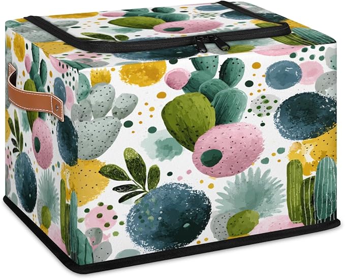 Cactus Storage Bins with Lids Green Plant Collapsible Cube Storage Basket with Leather Handle Foldable Storage Box with Lids for Organizing Home Closet