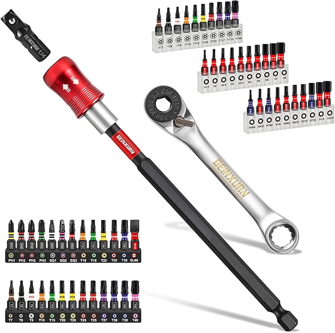 Geinxurn 59Pcs 2-in-1 Dual End T-Handle Ratchet Wrench Set 72-Tooth 1/4 Reversible Ratchet with Bit Holder Socket Adapter and 1” Impact Screwdriver Bits (Phillips/Torx/Hex) in Coded Base for Repair