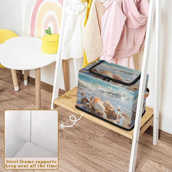 Shell Beach Storage Bins with Zipper Lid 2pcs Stackable Storage Baskets Boxes with Metal Frame Closet Storage Cube Bin Organizer with PU Handles Clothes Storage Bag