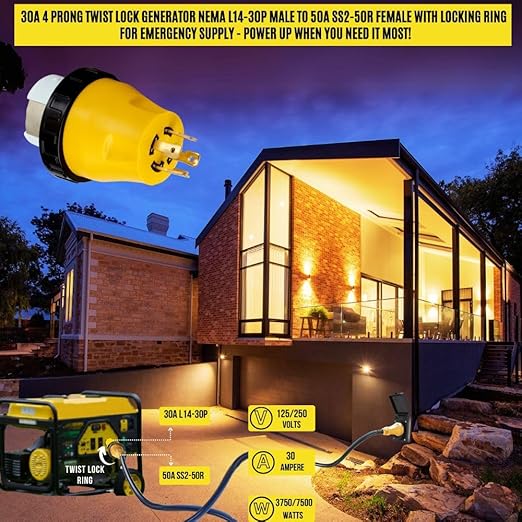 NEMA L14-30P to 50A SS2-50R RV Marine Power Generator Adapter 30A L14-30P to SS2-50R 30A Male 4 Prong Twist Lock Adaptor to 50A SS2-50R Plug Female with Locking Ring 125V/250V by FASWORX