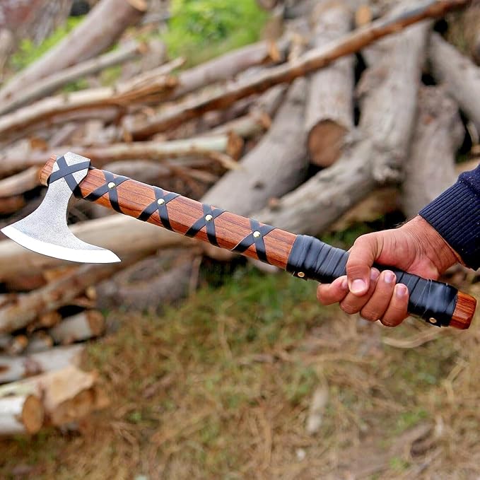 Viking Axe of Ragnar Lothbrok Hunting Axe with Rosewood Handle - Hand-Forged High Carbon Steel Sharp Blade Handmade Camping Axes Hatchet-Norse Ax Tomahawk Vikings Bearded Axes with Leather Sheath
