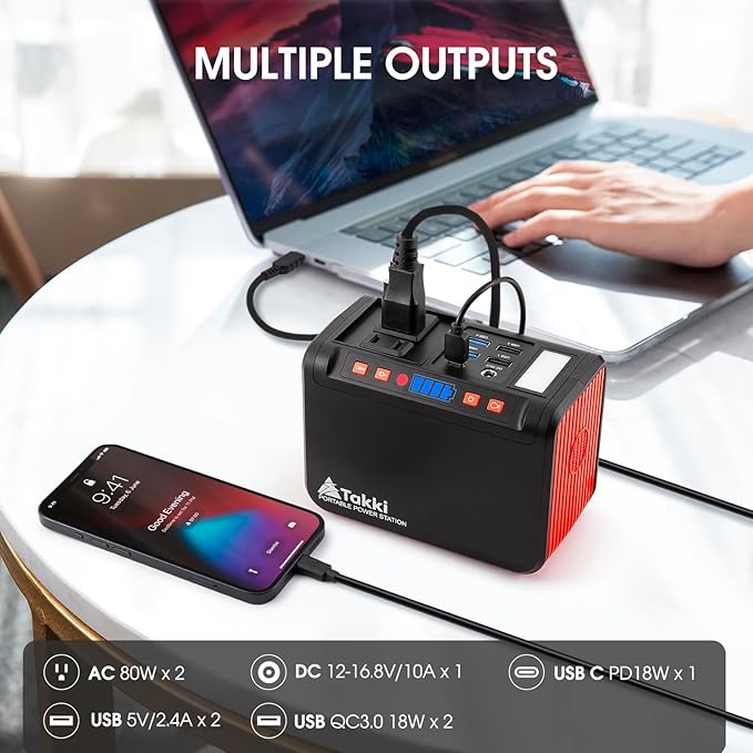 Takki Portable Power Station 111Wh Camping Solar Generator Lithium Battery Pack with 110V AC DC USB Ports LED Flashlight for Home Use Camping Laptop CPAP Emergency Power Backup