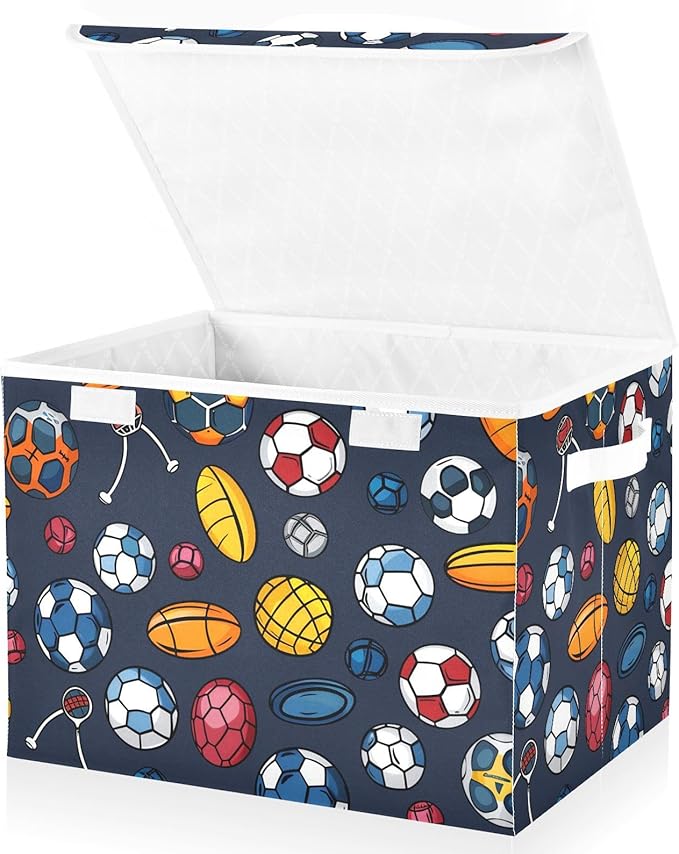 Sports Balls Lidded Storage Bins with Handles - 16.5x12.6x11.8 Foldable Organizing Box Oxford Fabric &amp Honeycomb Board Dust-Proof Flip Lid for Closet/Office