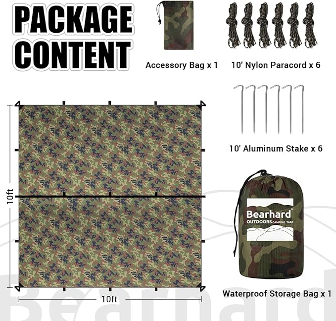 Bearhard Waterproof Camping Tarp Lightweight Hammock Rain Fly UV Protection and PU 3000mm Waterproof Backpacking Tarp Tent Footprint or Shelter Kit for Hiking and Outdoor Adventure