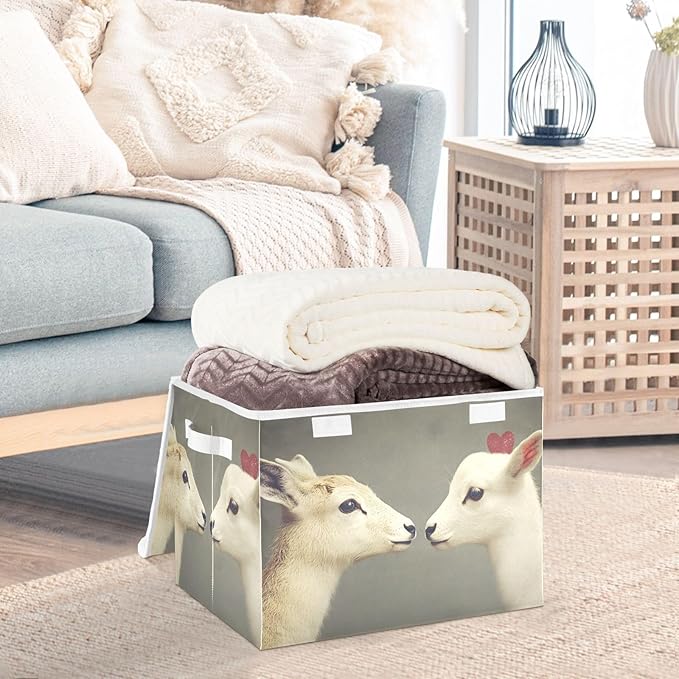 AIXIWAWA Lidded Storage Cube (Cute Sheep Love) Fabric Foldable Closet Bins with Flip Lid and Handles Organizer Basket Container 16.5 x 12.6 x 11.8 IN