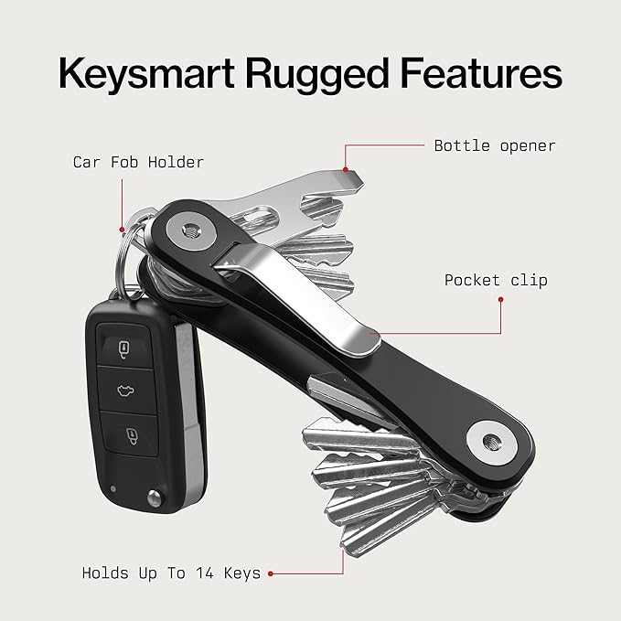 KeySmart Rugged - Multitool Key Holder for Keychain w/Bottle Opener and Pocket Clip Organizer for Keys EDC Keychains Ring for Car Fobs Key Chains Expandable (Up to 14 Keys Black)