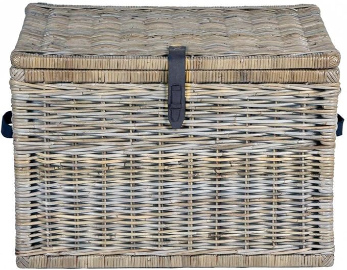 The Basket Lady Handwoven Deep Wicker Storage Trunk Natural Rattan Wicker Chest with Lid and Handles for Blankets and Home Organization-Serene Grey Extra Large 30 L x 21 W x 20.5 H