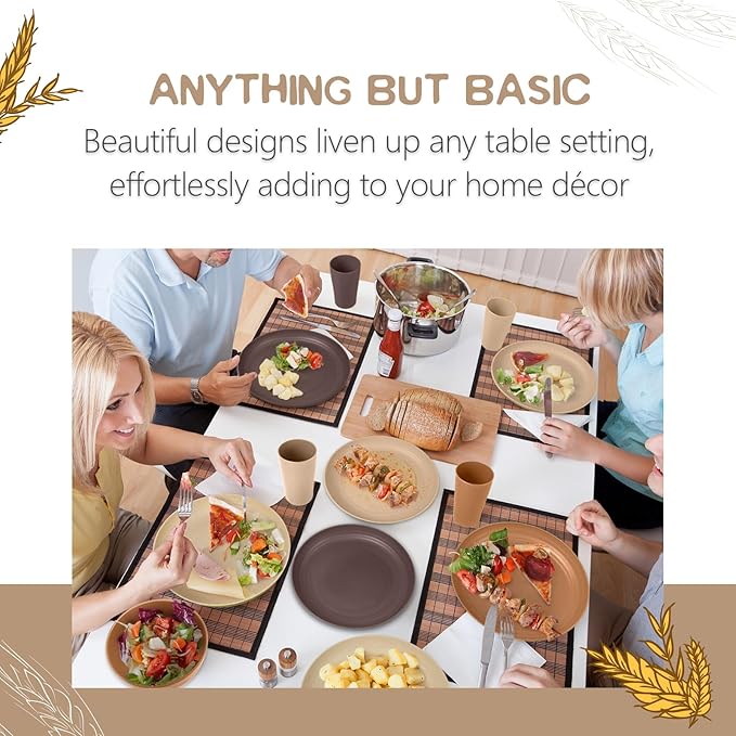 Teivio 32-Piece Kitchen Plastic Wheat Straw Dinnerware Set Service for 8 Dinner Plates Dessert Plate Cereal Bowls Cups Unbreakable Colorful Plastic Outdoor Camping Dishes Desert