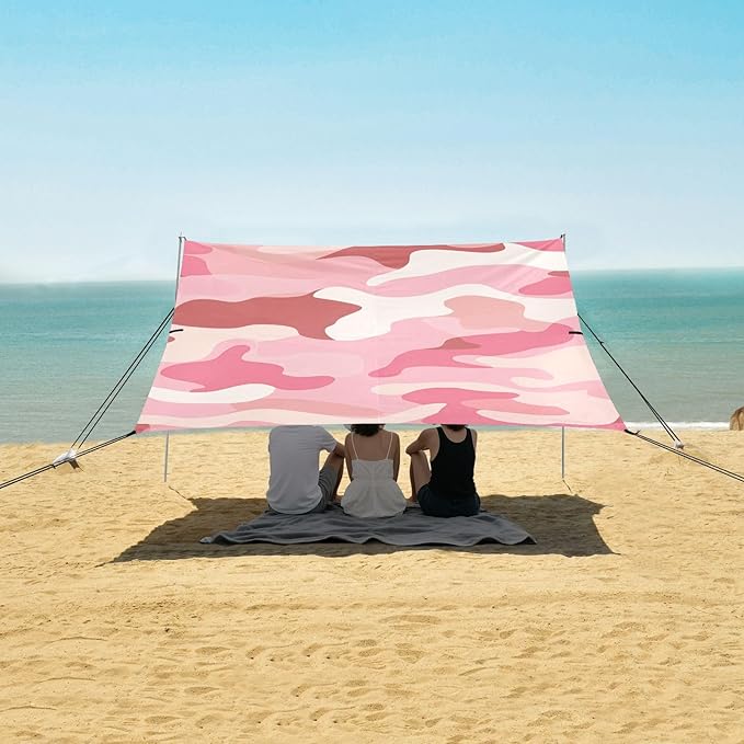 Rose Pink Foldable Beach Tent UPF50+ Protection Lightweight Portable Sun Shelter with Sandbags &amp Sand Shovel for Camping Picnics Backyard