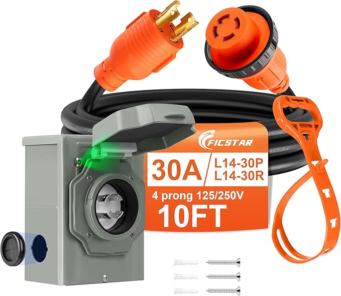 10 FT 4 Prong 30 Amp Generator Cord and Power Inlet Box NEMA L14-30P to L14-30R Generator Cord Waterproof Combo Kit 125/250V 7500W 10 AWG SJTW Generator to House Hookup Kit UL&ampETL Listed