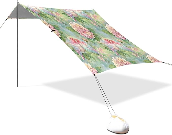 Birds Beach Canopy Sun Shelter with Sandbags &amp Sand Shovel &amp Windproof Ropes - Portable 110x126 Beach Shade Beach Tent for Camping Picnics