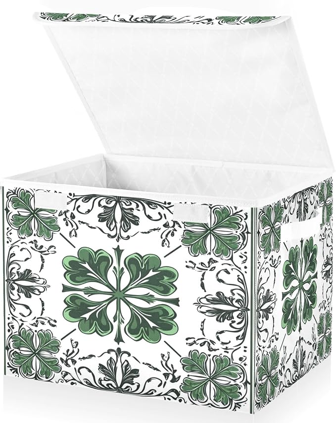 Lucky Leaf Tile Pattern Fabric Storage Bins with Lids and HandleFoldable Storage Bins with LidsCloset Organizers for Clothes Storage Room Organization Office Storage Chest Organizer