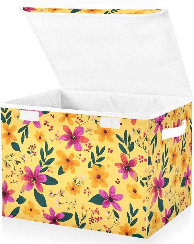 Bright Yellow Spring Flower Storage Box with Lid 1 PC Foldable Storage Bin with Lids Stackable Storage Bins Cube Closet Organizer Basket with Flip-Top Lid &amp Handles for Shoes Books Towels