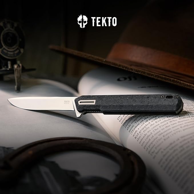TEKTO F2 Bravo Folding Knife Pocket - D2 Steel Blade Ceramic Ball Bearings - EDC - Snap Swift Flip - Camping Backpacking - 2.4oz (68g) Forged Carbon Handle Silver Titanium Accents