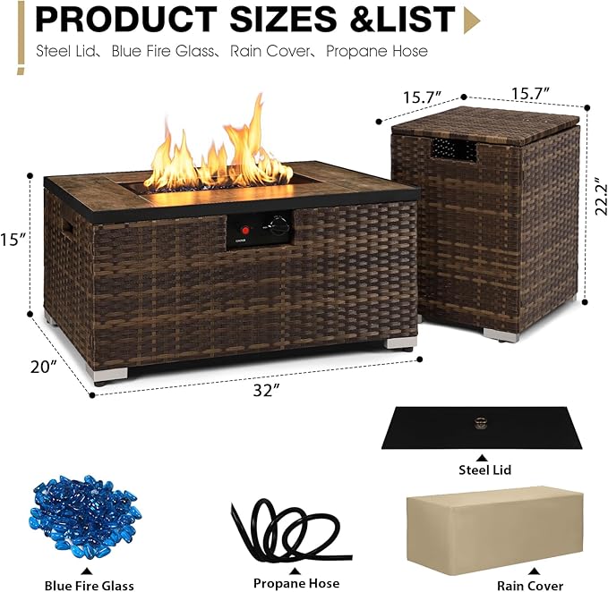 2-Piece Rattan Wicker Propane Fire Pit Table w/Tank Holder Handmade 32-inch Gas Fire Pits for Outside Patio Ceramic Tabletop with Steel Lid Lava Rocks 40000 BTU Rectangle (Brown)