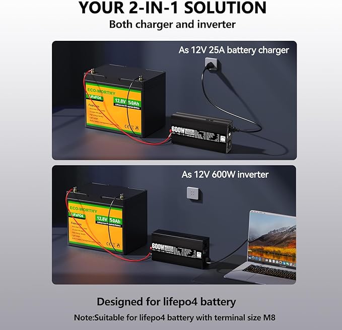 ECO-WORTHY 200 Watt 12V Complete Solar Panel Starter Kit for RV Off Grid with Battery and Inverter: 200W Solar Panels+30A Charge Controller+50Ah Lithium Battery+600W Solar Power Inverter