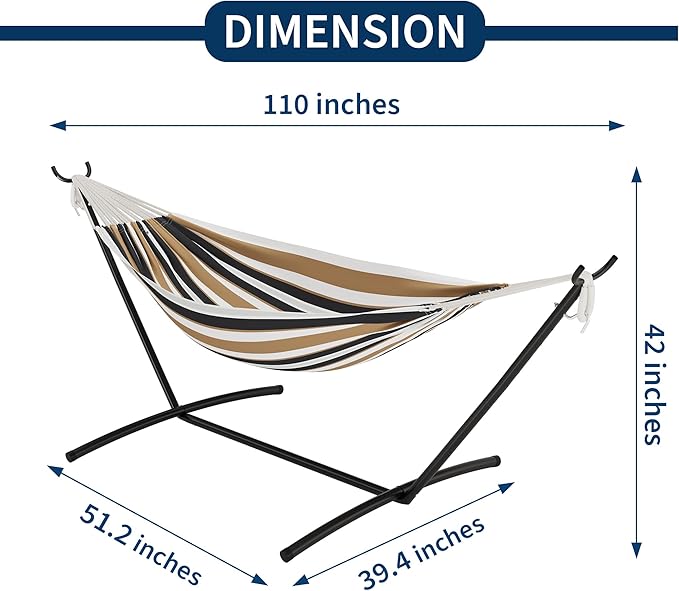 Double Cotton Hammock with Steel Stand for Outside Brazilian Style 450lbs Capacity Portable Indoor Outdoor Lounger with Carry Bag 2-Person Capacity Ideal for Backyard Garden Camping Brown