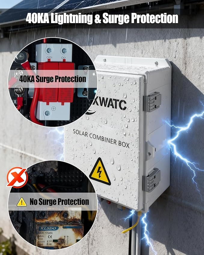 Solar Combiner Box 6 Strings with 100A DC Main Circuit Breaker 6×16A PV Breakers 40KA Surge Protector 120A Anti-Backflow Diodes IP65 Waterproof PV Combiner for On/Off-Grid Solar Systems