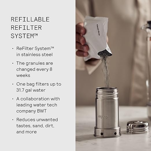 Aarke Purifier - Premium Glass and Stainless Steel Water Filter Pitcher Refillable Filter System and Granules 2.8L Pitcher with 1.66L Filtration Capacity