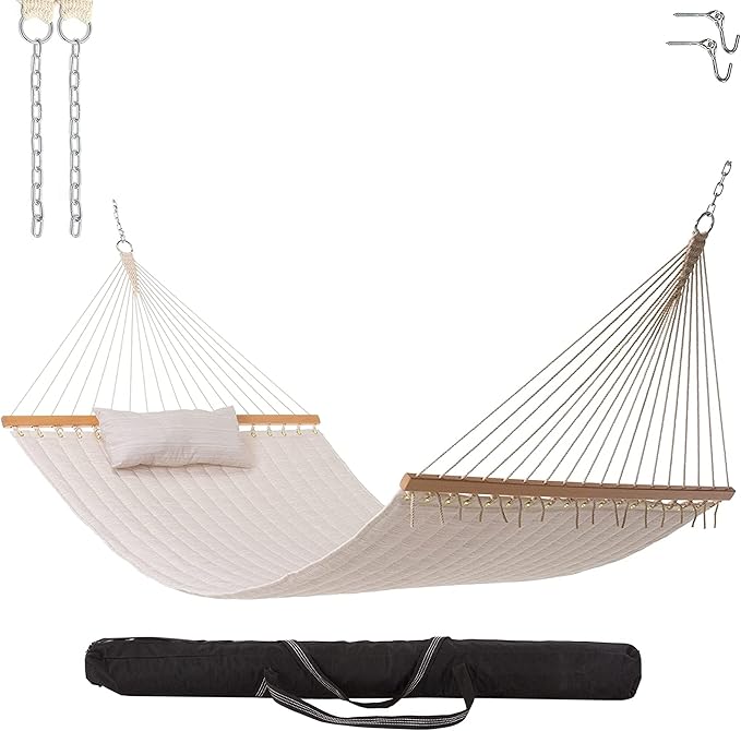 Castaway Living Large Natural Solid Quilted Polyester Hammock – 11.5 ft. x 52 in. 350 lb Capacity Pillow Storage Bag Extension Chains &amp Tree Hooks – Durable Outdoor Lounger
