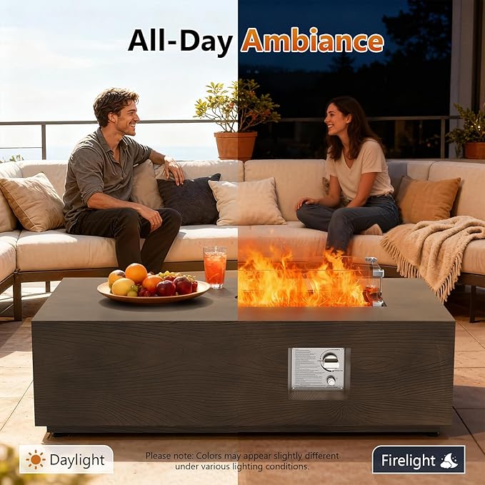 2-Piece 42 Rectangular Propane Fire Pit for Outside Patio with Hidden Tank Table 50000 BTU Fireplaces with Glass Wind Guard Lid Glass Rocks Cover(Walnut Wood Grain)