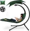 Best Choice Products Hanging LED-Lit Curved Chaise Lounge Chair Swing for Backyard Patio Lawn w/ 3 Light Settings Weather-Resistant Pillow Removable Canopy Shade Steel Stand - Green