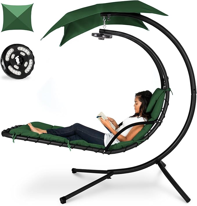 Best Choice Products Hanging LED-Lit Curved Chaise Lounge Chair Swing for Backyard Patio Lawn w/ 3 Light Settings Weather-Resistant Pillow Removable Canopy Shade Steel Stand - Green