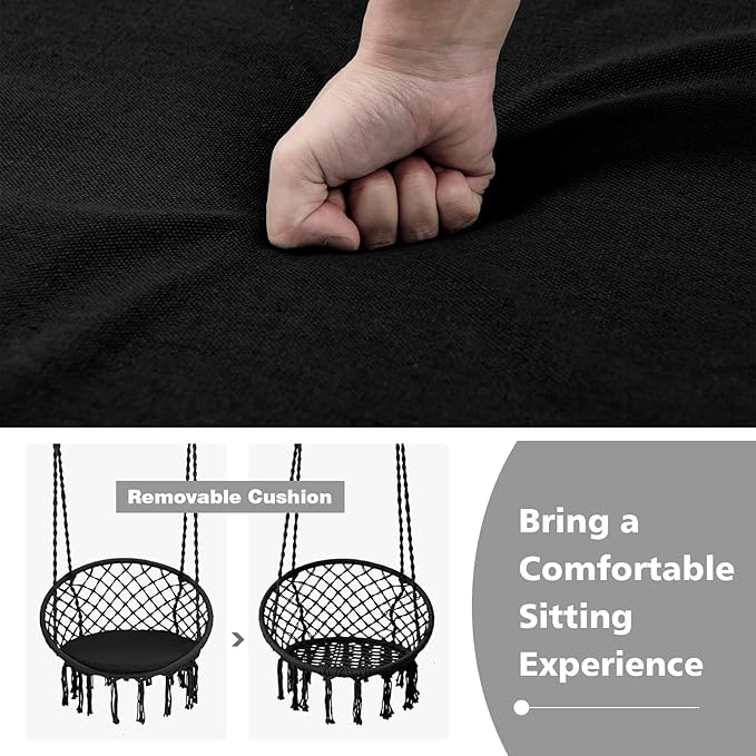 Giantex Hammock Chair Macrame Swing - Hanging Chair with Cushion and Hardware Kit 330 LBS Weight Capacity Indoor Swing for Hammock Stand Patio Balcony Living Room Hammock Swing (Black)