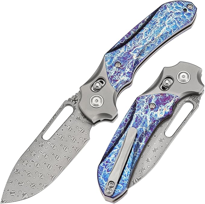 KANSEPT Quasar Pocket Knife 3.38'' Damascus Sharp Steel Blade Titanium Inlay Lightning Strike Finish Handle Cross Bar Lock Folding with Elongated Thumb Hole for Edc Camping Hiking Knives K1099V3