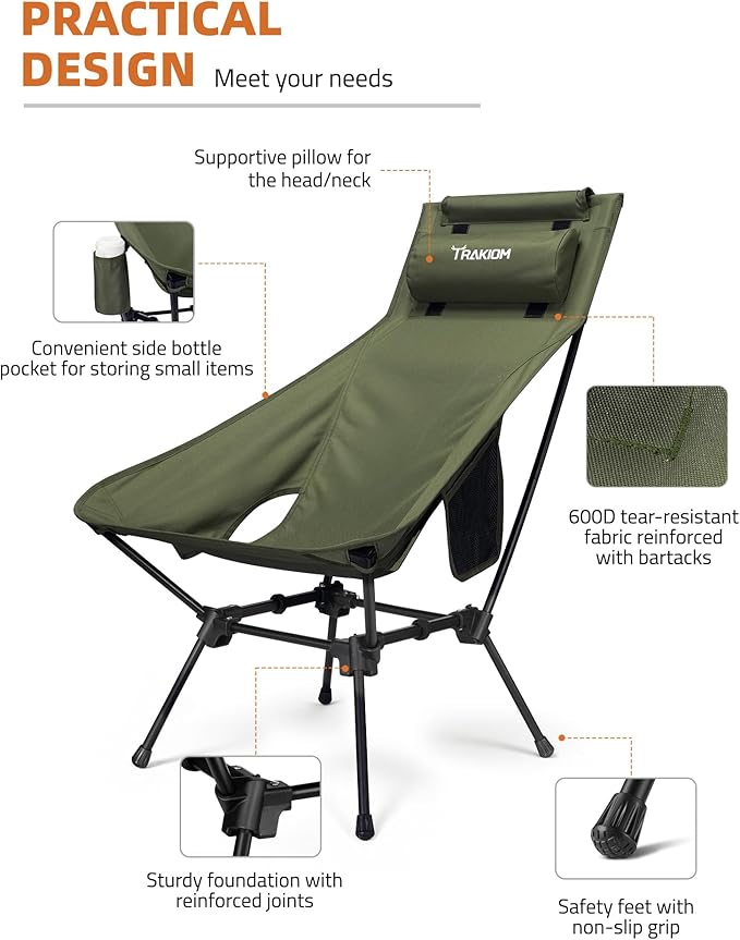 Trakiom High Back Portable Compact Camping Chair Lightweight Green Folding Chair with Head Support &amp Widened Seat Adjustable Head Support for Beach Camping Festival Hiking and Outdoor Travel