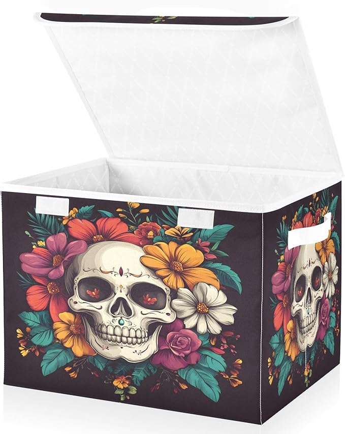 senya Large Storage Bins with Linen Halloween Skull Flower Collapsible Foldable Storage Cubes Fabric Closet Organizer Containers Box with Flip-Top Lid for Home Bedroom Office 16.7 x 12.6 x 11.8in