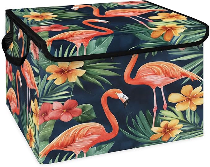 Tropical Flamingo Storage Basket with Lid Green Palm Leaves Foldable Storage Box Fabric Storage Bins with Carrying Handles for Home Bedroom Closet Organization