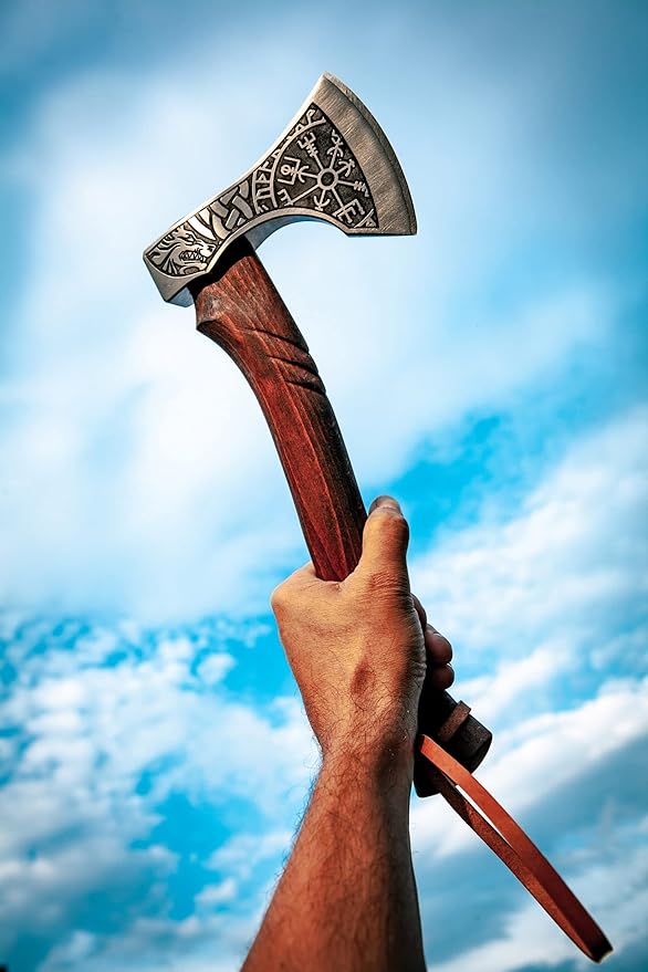 Fenrir &amp Vegvisir Camping Hatchet – Hand-Forged Tomahawk Axe with Premium Leather Sheath | Ideal for Camping Throwing &amp Outdoor Use