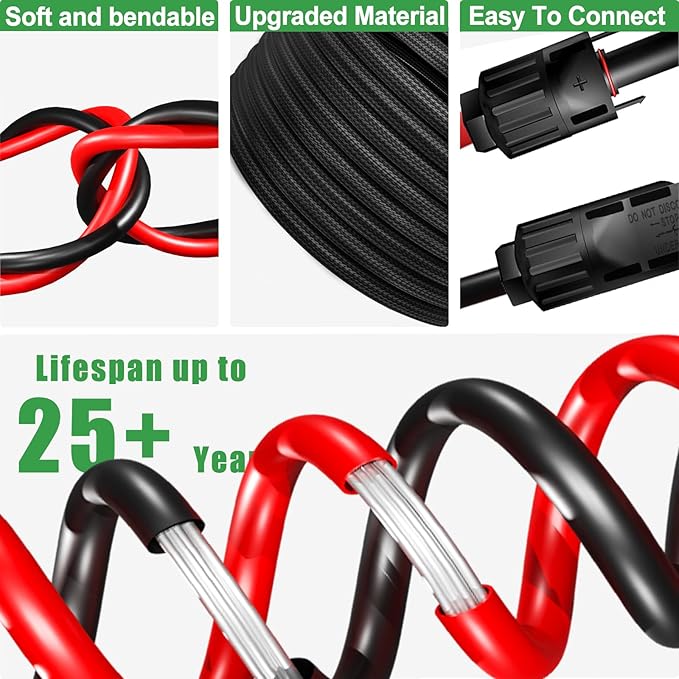 Twin Wire 20 Feet Solar Extension Cable 10AWG with -IP67- Female and Male Connector Bonus Two Pairs of Free Connector Solar Panel Adapter kit Tools (4 Pairs connectors)