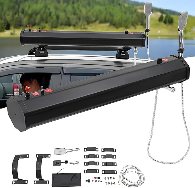 Roof Rack Road Solar Shower Portable Road Camping Shower Roof Rack Water Tank Car Shower Large Capacity 1.5m 4.9ft Water Pipe Self-Pressurized Water Tank for Camping Shower 4.76加仑/18升