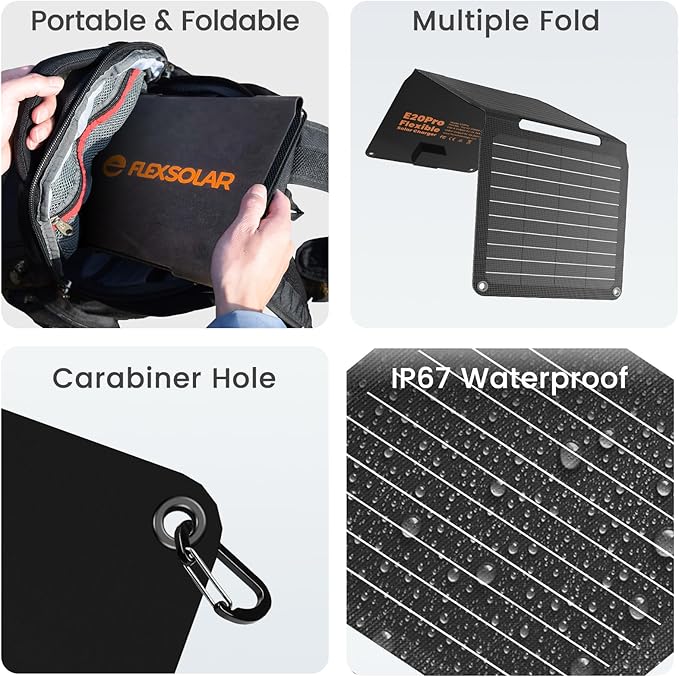 [Upgraded] FlexSolar 20W Portable Solar Panel High Efficiency ETFE Foldable Panels with 5V USB A/USB C Ports IP67 Waterproof Power Emergency Solar Charger for Phone Power Bank Camping Backpacking