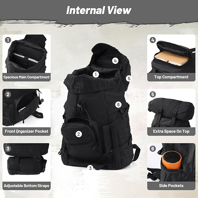50L Tactical Backpack for Men and Women Water-Resistant Molle Rucksack Large Military Assault Pack for Hiking Hunting Camping Gym &amp Outdoor Survival Black