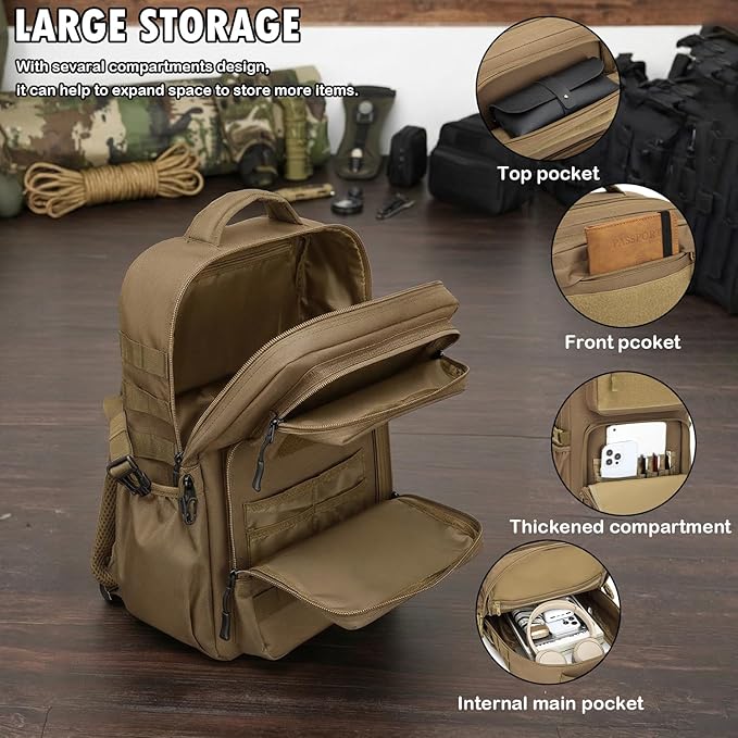 Military Tactical Backpack for Men Multi-Functional Assault Backpack MOLLE with Water Bottle Holder for Outdoor Adventures Khaki