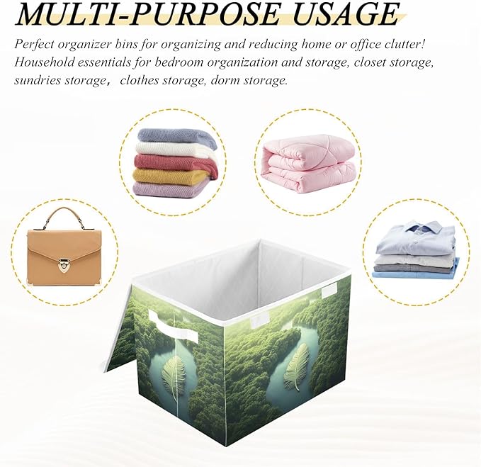 Storage Cube with Lid Huge Feather Print 16.5×12.6×11.8 IN Collapsible Large Capacity Foldable Storage Basket Bin Organizer