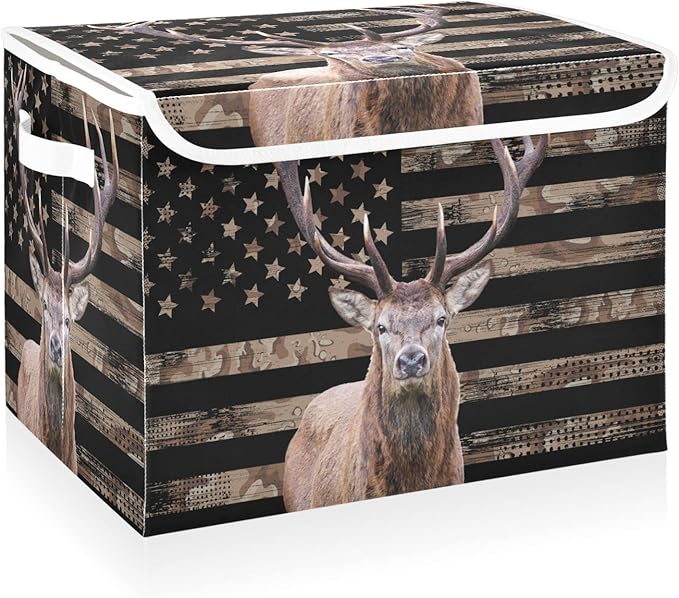 CaTaKu Deer Hunting Storage Bins with Lids Fabric Large Storage Container Cube Basket with Handle American Flag Decorative Storage Boxes for Organizing Clothes Shelves