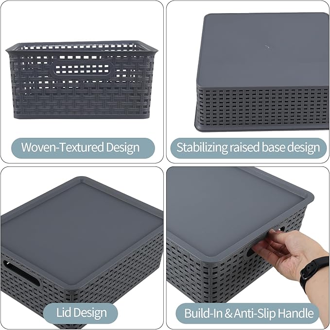 6 Pack Plastic Storage Bins with Lids Stackable Storage Baskets with Handles Plastic Organizer Container Bins for DeskShelvesOffice Pantry Organizers and Storage Grey