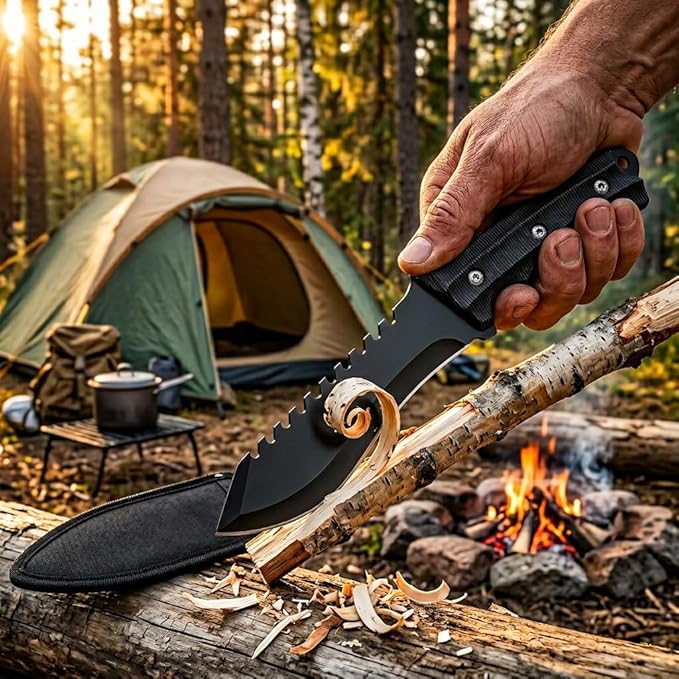 11.4 Fixed Blade Outdoor Knife with 9CR13MOV Stainless Steel - Rugged Utility Knife with Sawtooth Spine &amp V-Shaped Edge - Non-Slip ABS Handle with Lanyard Hole - Durable Nylon Sheath for Camping
