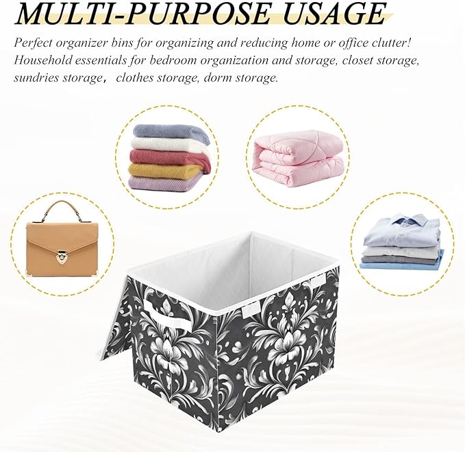 Damask Ornament Lidded Storage Bins with Handles - 16.5x12.6x11.8 Foldable Organizing Box Oxford Fabric &amp Honeycomb Board Dust-Proof Flip Lid for Closet/Office