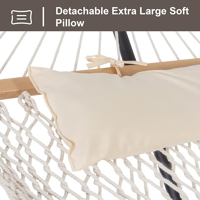 SUNCREAT Double Outdoor Hammock with Stand Included Portable Cotton Rope 2 Person Hammock for Outdoor Patio Garden Backyard Beige