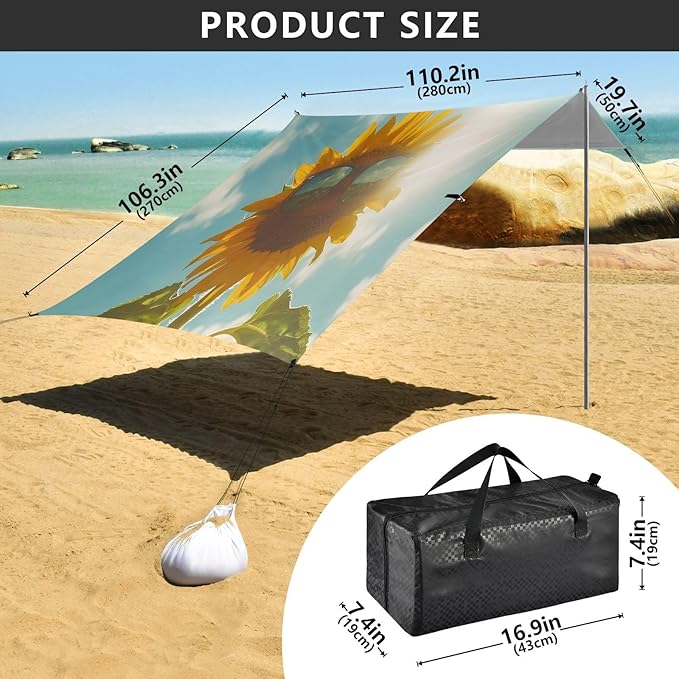 Sunflower in Sunglasses Beach Tent Sun Shelter Set UPF50+ UV Protection 10.5 x 9.19 FT Camping Shade Canopy with Sandbags Sand Anchors Carrying Bag and Others