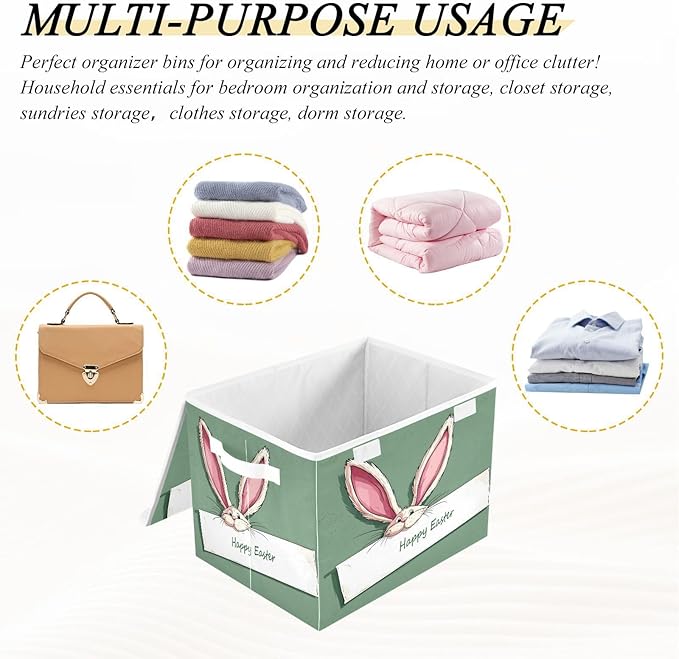 Happy Easter Storage Baskets with Lids Collapsible Bins Stackable Fabric Linen Baskets Closet Organizer Container 16.5x12.6x11.8