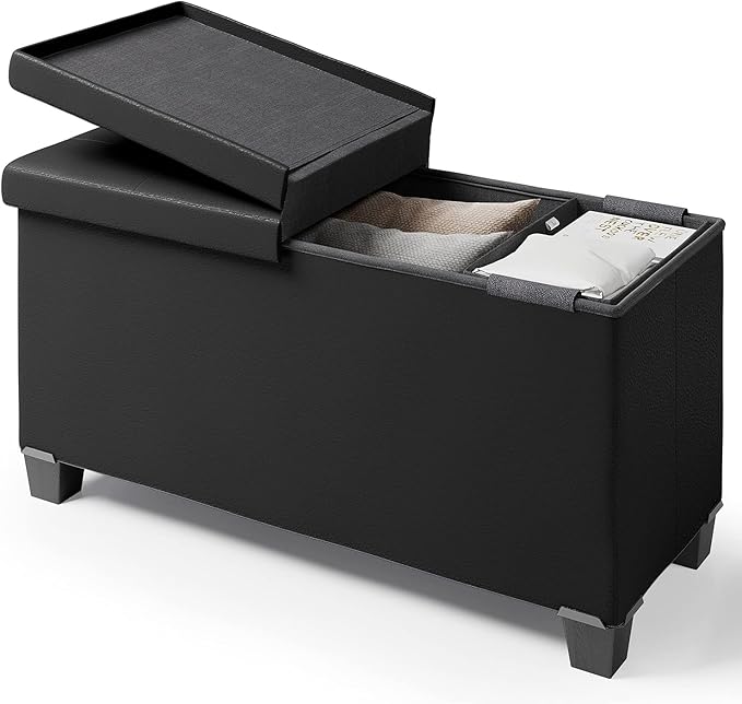Storage Ottoman Bench with Storage Bins 30-in Storage Bench for Bedroom End of Bed Folding Foot Rest Ottoman with Storage for Living Room Storage Chest Max 660lbs Faux Leather Ottoman Black