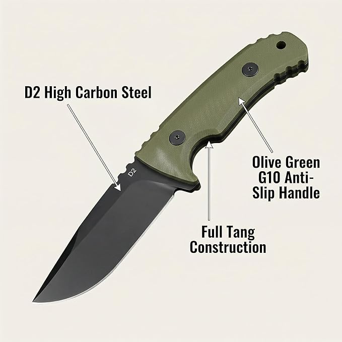 Fixed Blade Knife with Sheath 3.9 D2 Steel Survival Knives for Camping Bushcraft Hunting Ergonomic G10 Handle Outdoor Survival Gear Gift for Men Green
