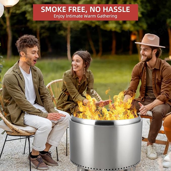27 Inch Stainless Steel Smokeless Outdoor Fire Pit Burning Wood ParticlesCoal Removable Stand and Ash Pan Perfect for Bonfire Camping Picnic Family Gatherings for Garden